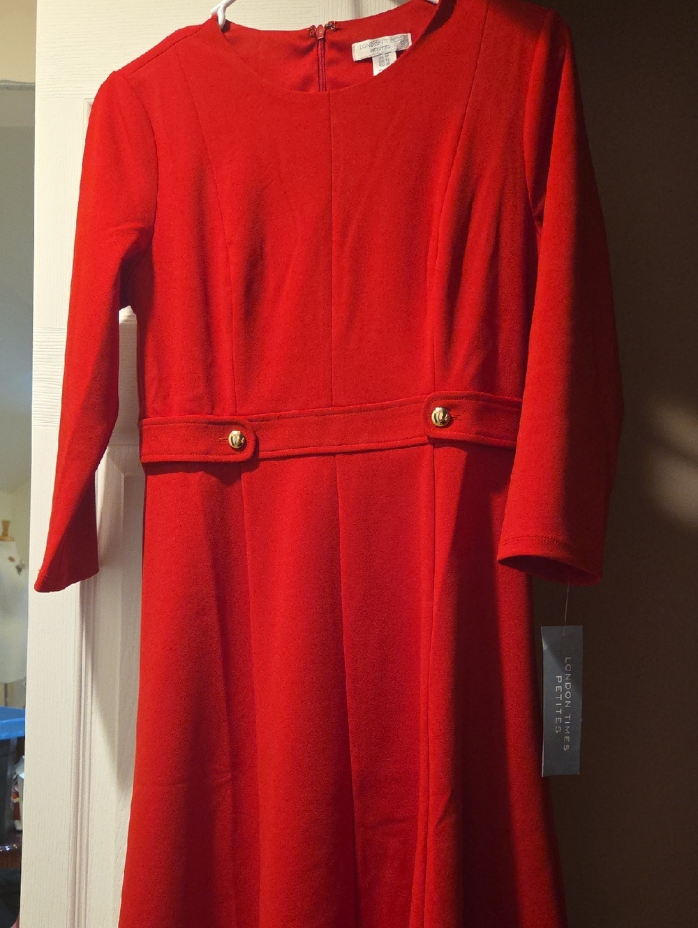 London Times Red A-Line Dress with Gold Button Accents
